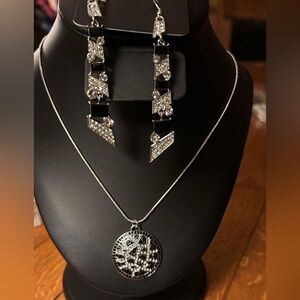 Black and Silver Crystal Medallion Necklace with Matching Drop Earrings